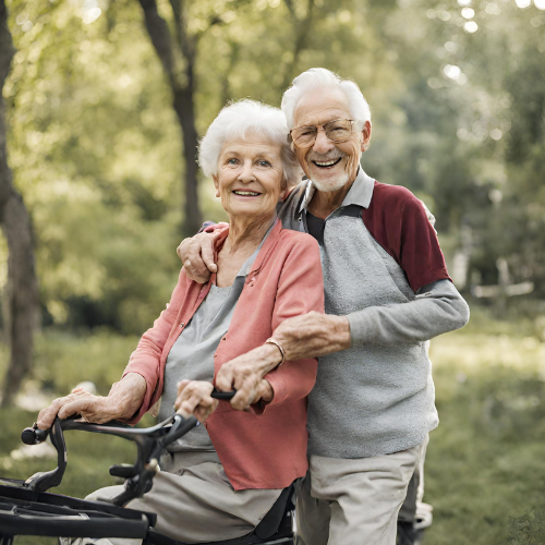a happy senior couple on a bike aging gracefully due to taking "Clarity" the lion's mane mushroom and lavendar extract powder form Lions Share Provisions